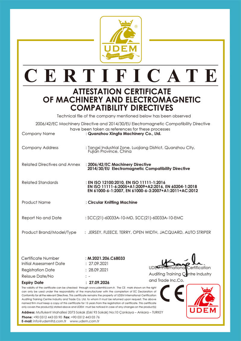 ATTESTATION CERTIFICATE OF MACHINERY AND ELECTROMAGNETIC COMPATIBILITY DIRECTIVES